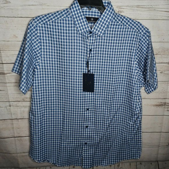 HART SCHAFFNER MARX PRINT MEN'S BLUE CHECKERED S/S SHIRT NEW - Picture 1 of 4